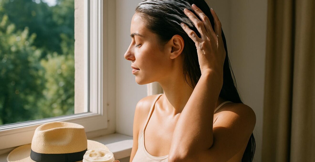 Femme appliquant un masque capillaire devant une fenêtre ensoleillée avant de sortir avec un chapeau.