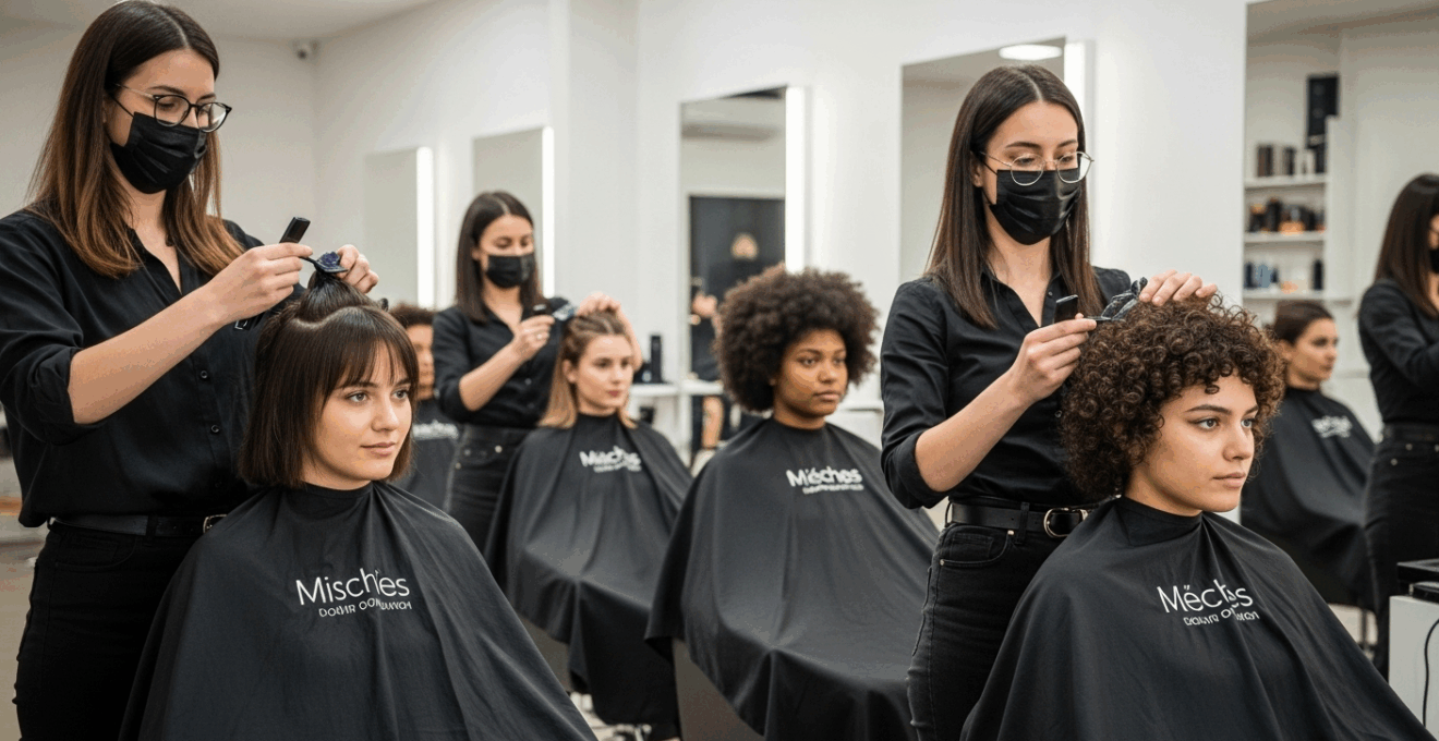 Femme de différents types de cheveux (bouclés, fins, afro, méchés, épais) représentés côte à côte dans un salon de coiffure moderne, recevant un soin de lissage brésilien.