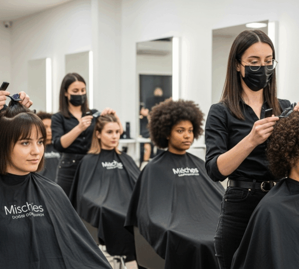 Femme de différents types de cheveux (bouclés, fins, afro, méchés, épais) représentés côte à côte dans un salon de coiffure moderne, recevant un soin de lissage brésilien.
