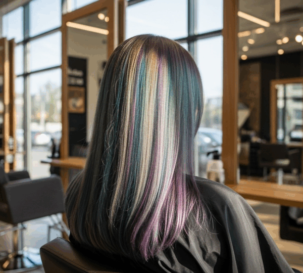 Femme aux cheveux longs, lisses et colorés, éclairage studio naturel, ambiance salon moderne.