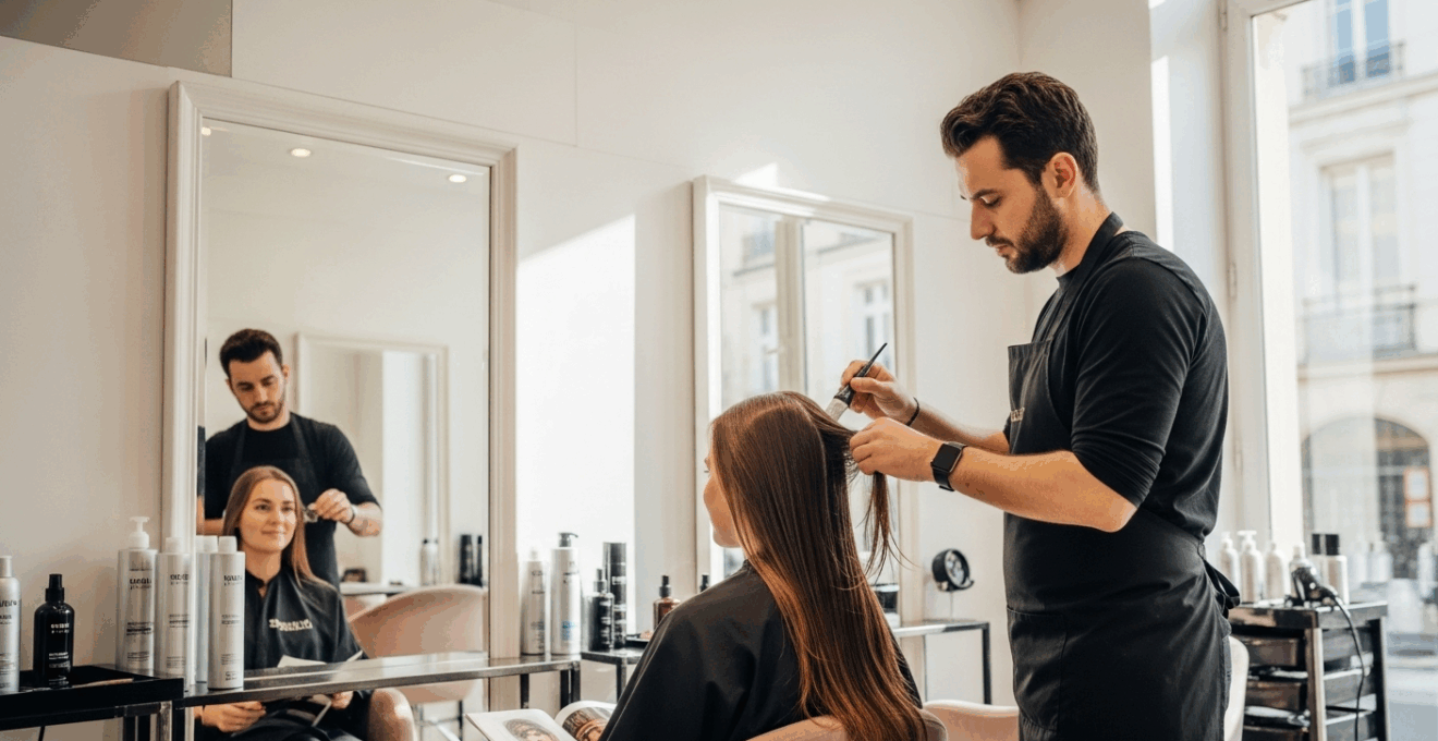 Jeune femme aux cheveux lisses dans un salon de coiffure moderne à Paris, styliste appliquant un soin, ambiance professionnelle et lumineuse.