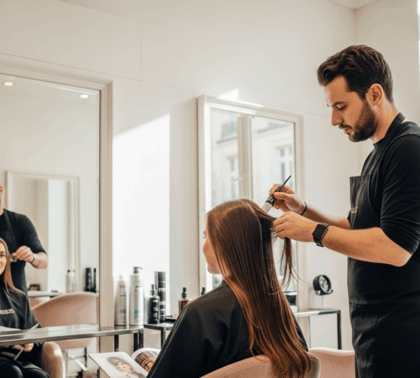 Jeune femme aux cheveux lisses dans un salon de coiffure moderne à Paris, styliste appliquant un soin, ambiance professionnelle et lumineuse.