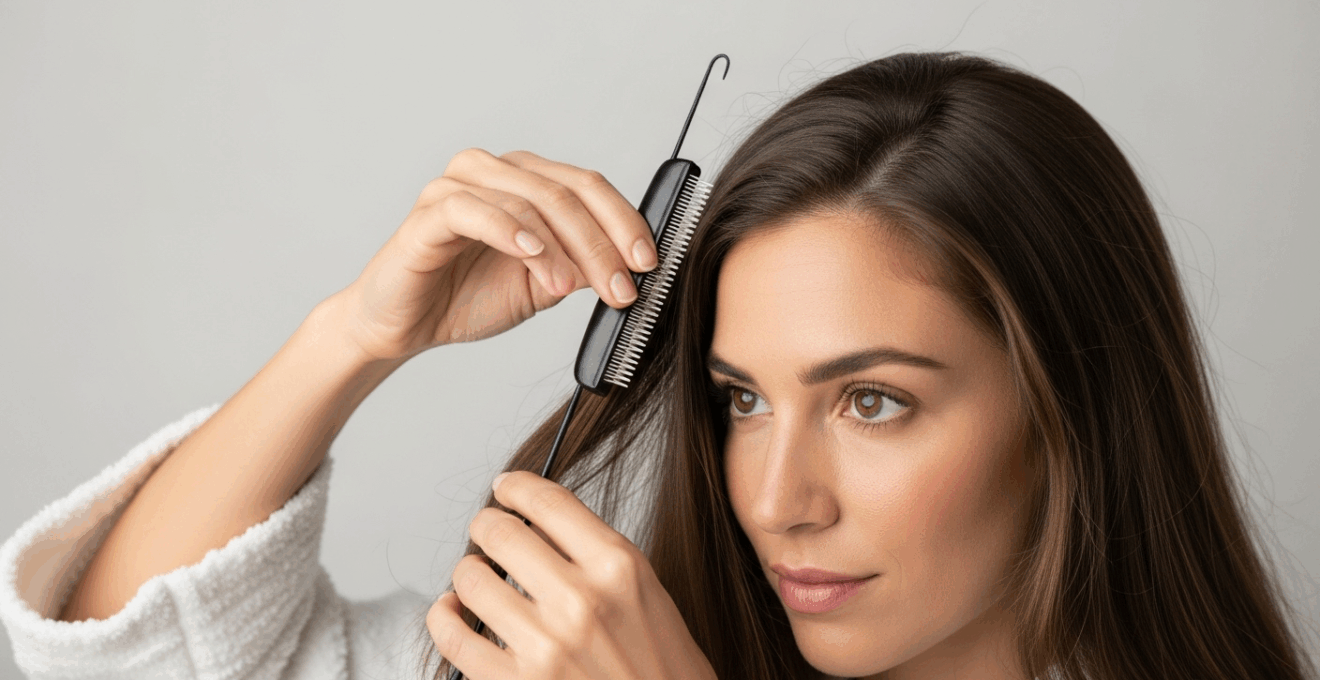 Femme concentrée effectuant un lissage brésilien sur ses cheveux à la maison avec fer à lisser, lumière naturelle.