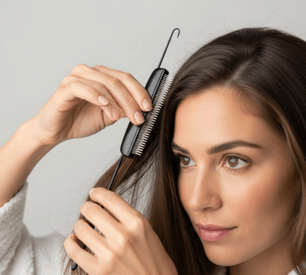 Femme concentrée effectuant un lissage brésilien sur ses cheveux à la maison avec fer à lisser, lumière naturelle.