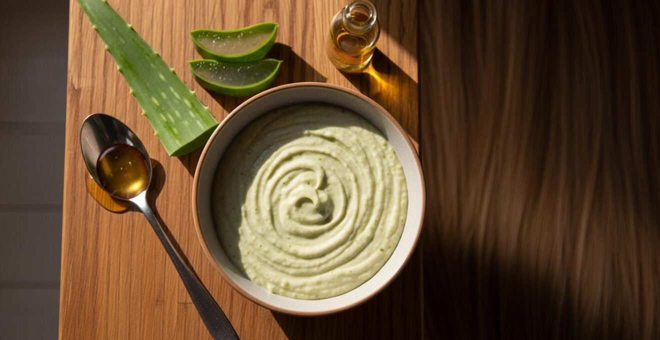 Bol contenant un mélange naturel d’aloe vera, huile et miel devant des cheveux lisses.