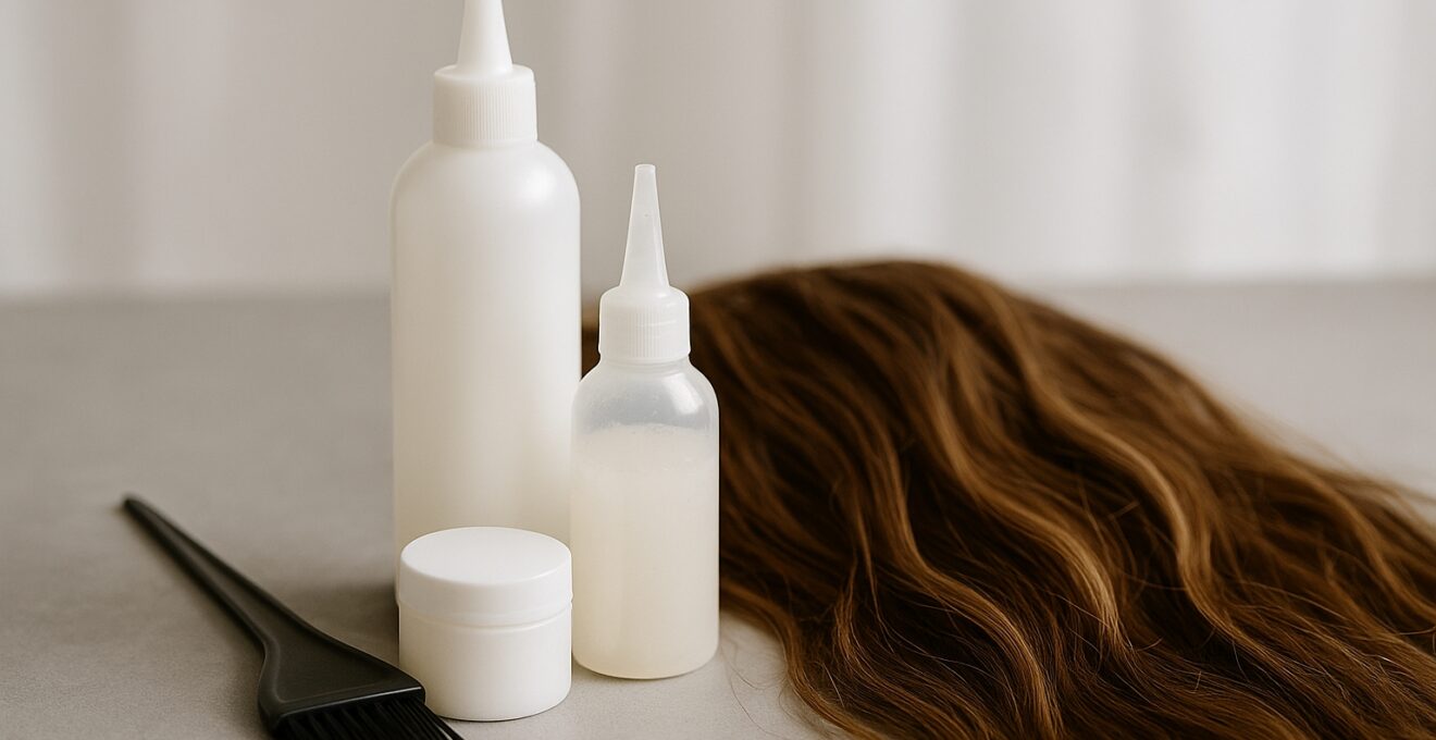  Stop symbolique produits chimiques à côté de mèches de cheveux, mise en garde visuelle. 