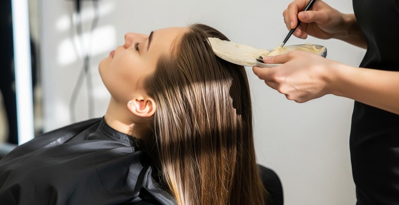 Jeune femme aux cheveux lisses recevant un soin protéiné sous la lumière naturelle dans un salon professionnel.