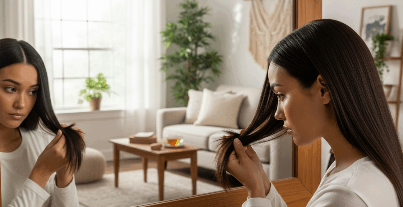 Femme aux cheveux lisses sur fond naturel, préparant sa chevelure avant un lissage brésilien, ambiance lumineuse et bien-être.