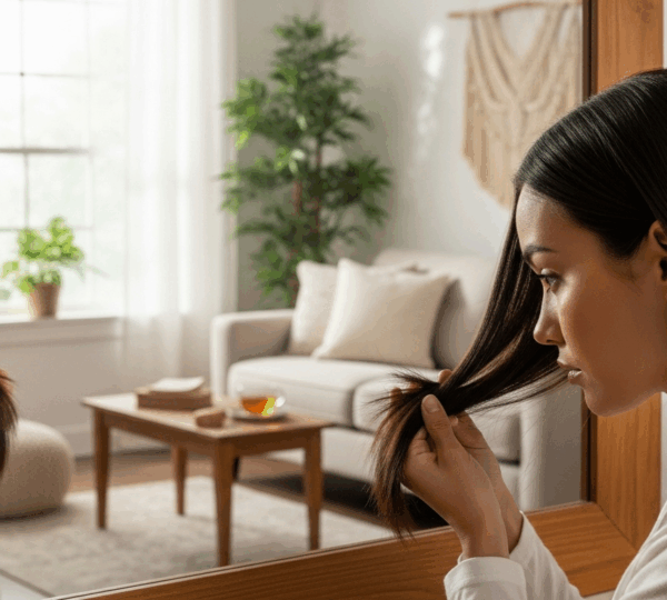 Femme aux cheveux lisses sur fond naturel, préparant sa chevelure avant un lissage brésilien, ambiance lumineuse et bien-être.