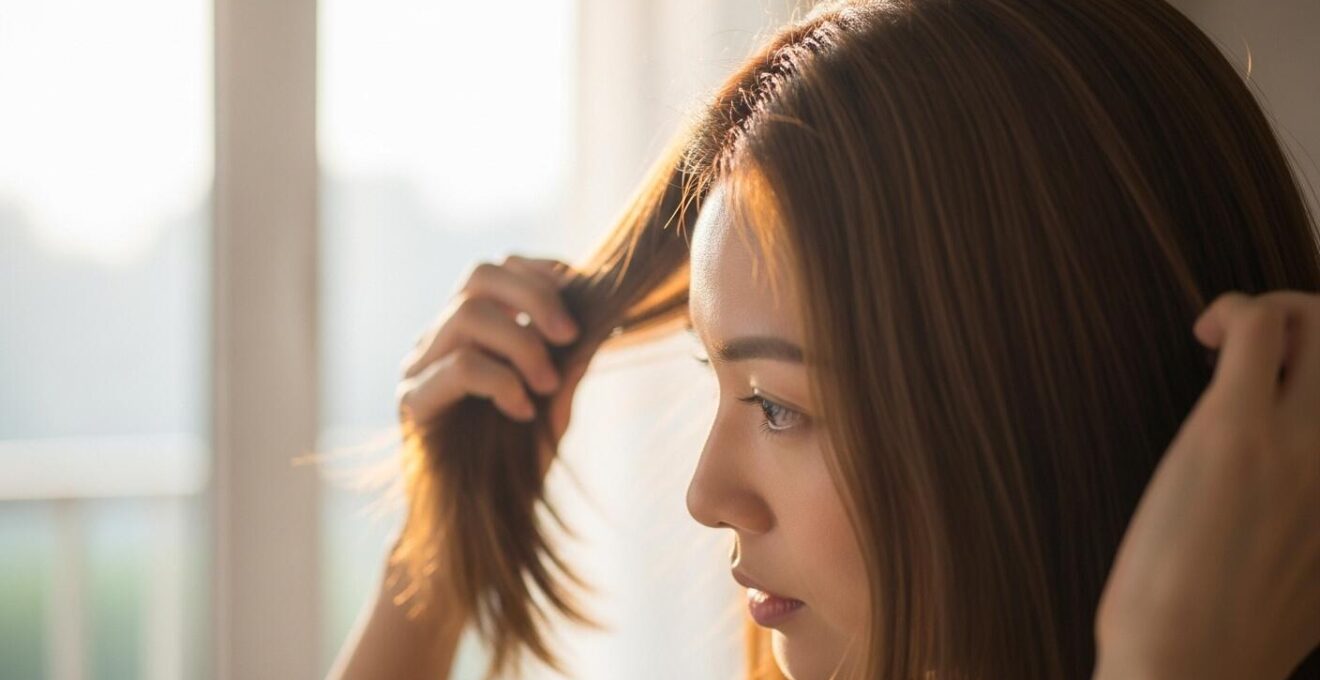 Femme aux cheveux lissés prenant soin de sa chevelure dans une lumière naturelle