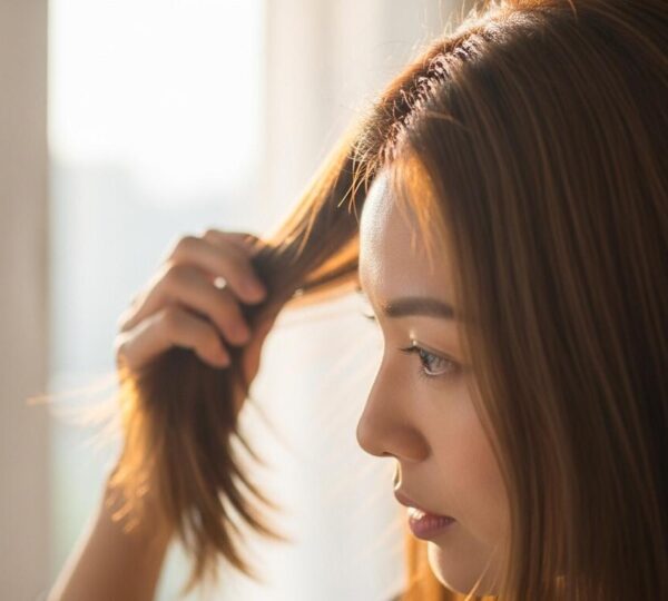 Femme aux cheveux lissés prenant soin de sa chevelure dans une lumière naturelle