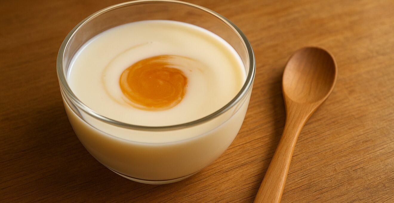 Bol de préparation d’un masque cheveux maison à base de lait et de miel, vue rapprochée sur ingrédients naturels.