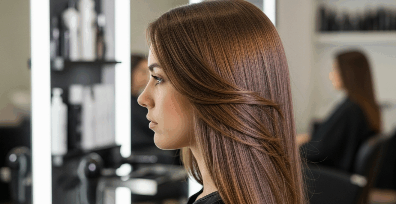 Femme de profil aux cheveux longs et lisses, quelques mèches rebelles disciplinées, ambiance réaliste et lumineuse en salon de coiffure moderne.