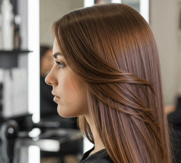 Femme de profil aux cheveux longs et lisses, quelques mèches rebelles disciplinées, ambiance réaliste et lumineuse en salon de coiffure moderne.