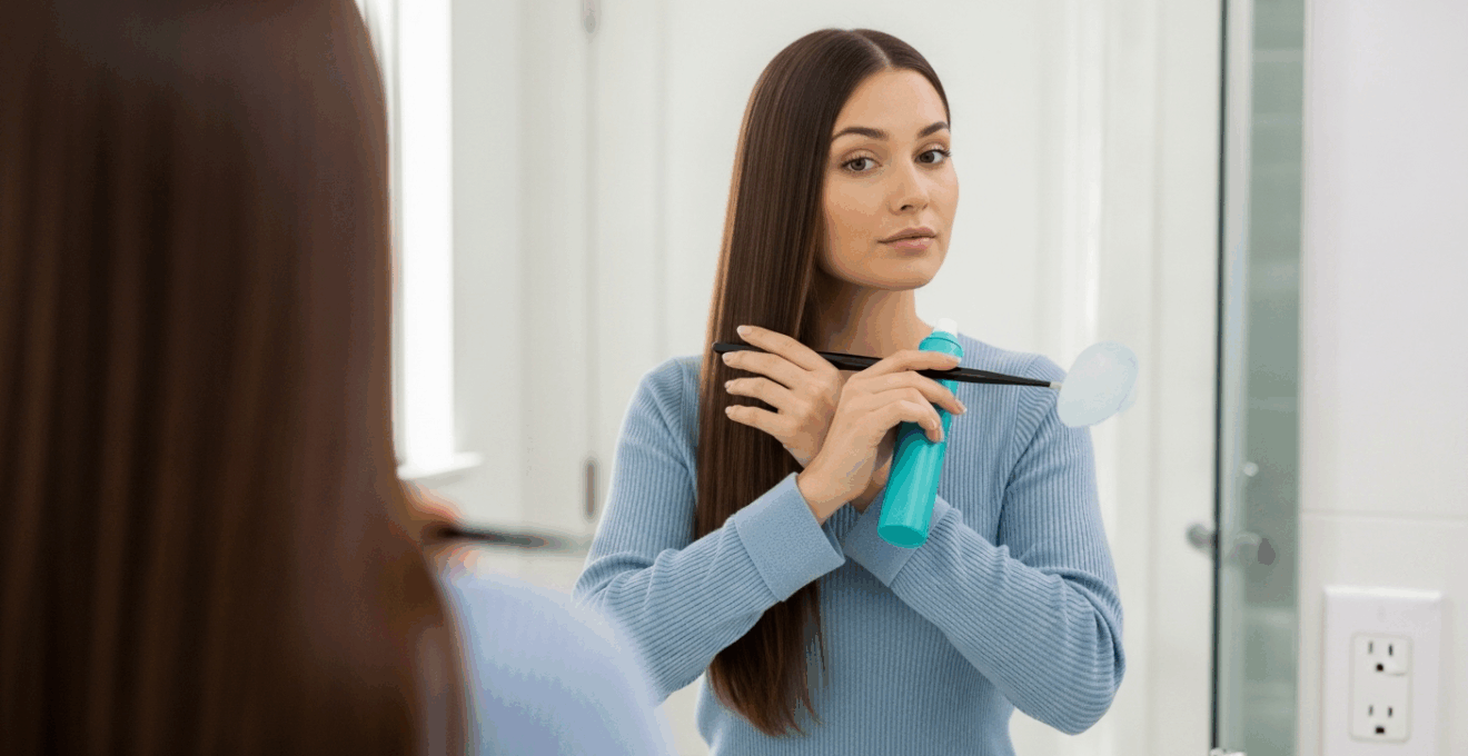 Femme de profil aux cheveux longs lissés, en train de les protéger dans une salle de bain lumineuse, ambiance zen, lumière naturelle, aucun logo ni texte apparent.