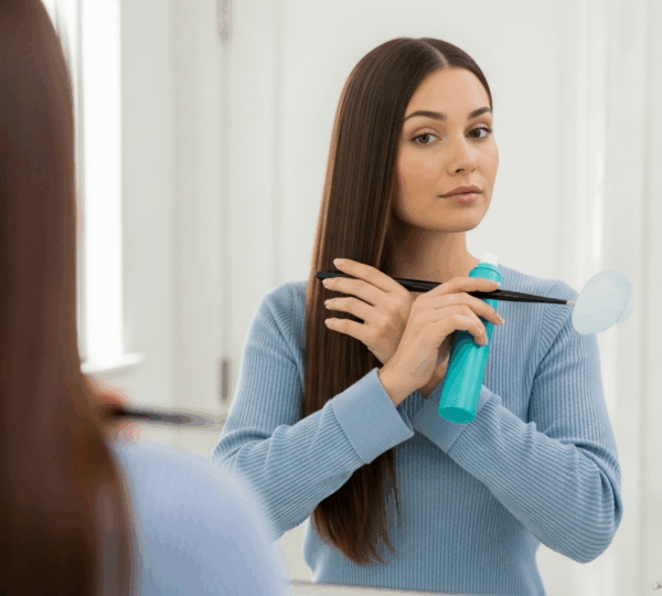 Femme de profil aux cheveux longs lissés, en train de les protéger dans une salle de bain lumineuse, ambiance zen, lumière naturelle, aucun logo ni texte apparent.