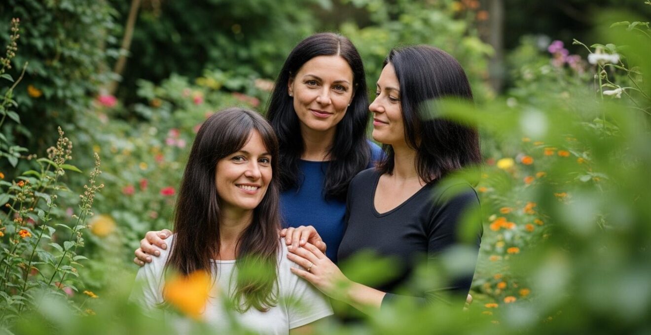 Trois femmes aux cheveux naturels, lissés, brillants et en bonne santé, posent dans un jardin lumineux.