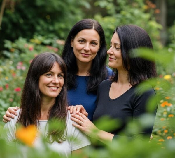 Trois femmes aux cheveux naturels, lissés, brillants et en bonne santé, posent dans un jardin lumineux.