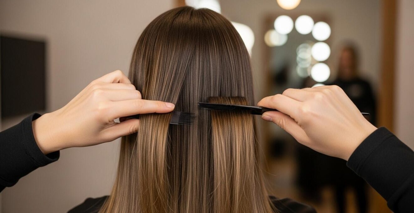 photographie réaliste de cheveux abîmés rajeunis par un soin réparateur, éclairage lumineux, texture cheveux lisses