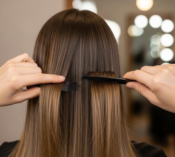 photographie réaliste de cheveux abîmés rajeunis par un soin réparateur, éclairage lumineux, texture cheveux lisses