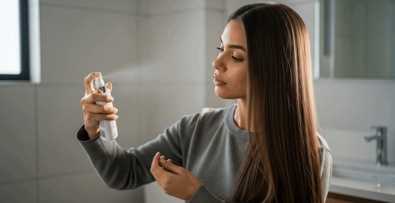 Femme aux cheveux lisses, main vaporisant un spray sur la chevelure, lumière naturelle, style documentaire.