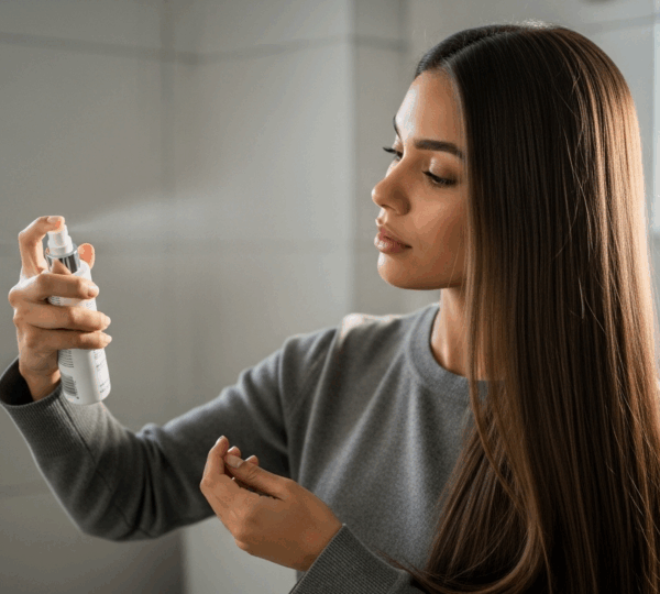 Femme aux cheveux lisses, main vaporisant un spray sur la chevelure, lumière naturelle, style documentaire.