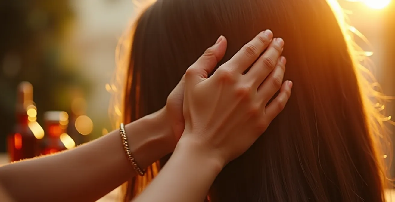 Mains appliquant délicatement de l'huile sur une mèche de cheveux