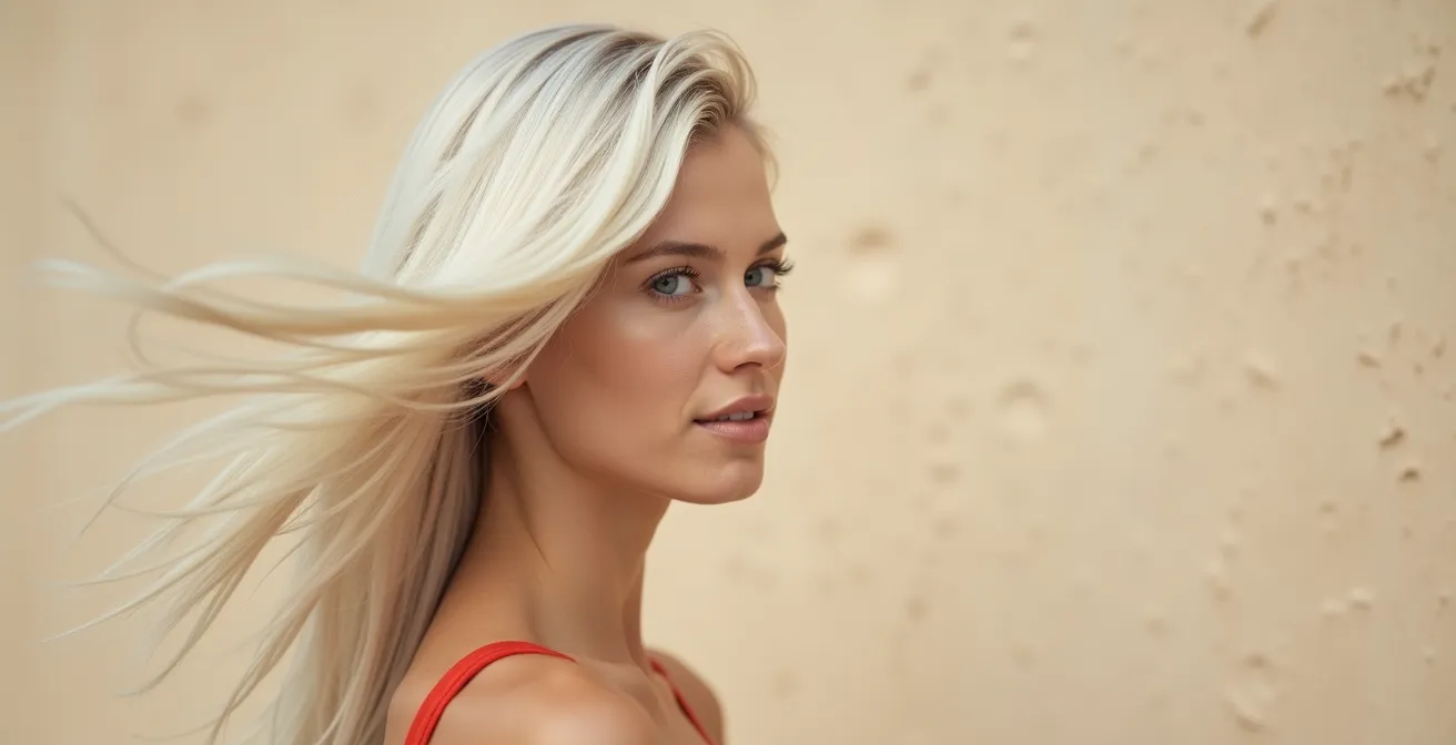 Cheveux blonds polaires conservant leur éclat grâce aux soins anti-jaunissement