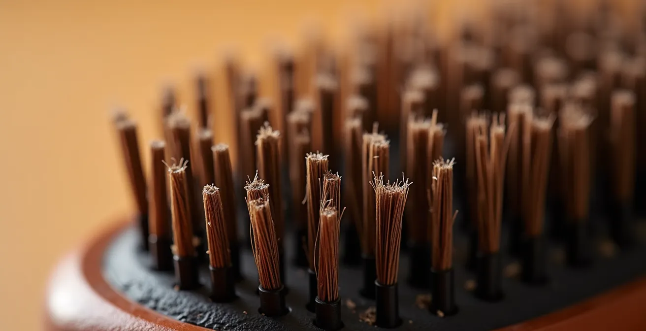 Détail macro d'une brosse en céramique lissant des cheveux crépus