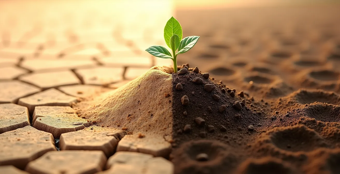 Illustration du cercle vicieux du lavage quotidien sur le cuir chevelu, montrant la transition d'un sol aride vers un jardin équilibré.