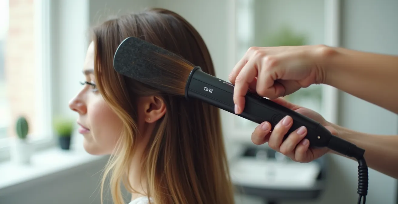 Technique de la Chase Method avec peigne en carbone suivant le fer à lisser sur une mèche tendue