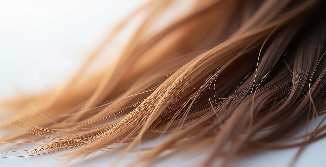 Gros plan sur cheveux bruns avec dégradé d'éclaircissement naturel, texture visible