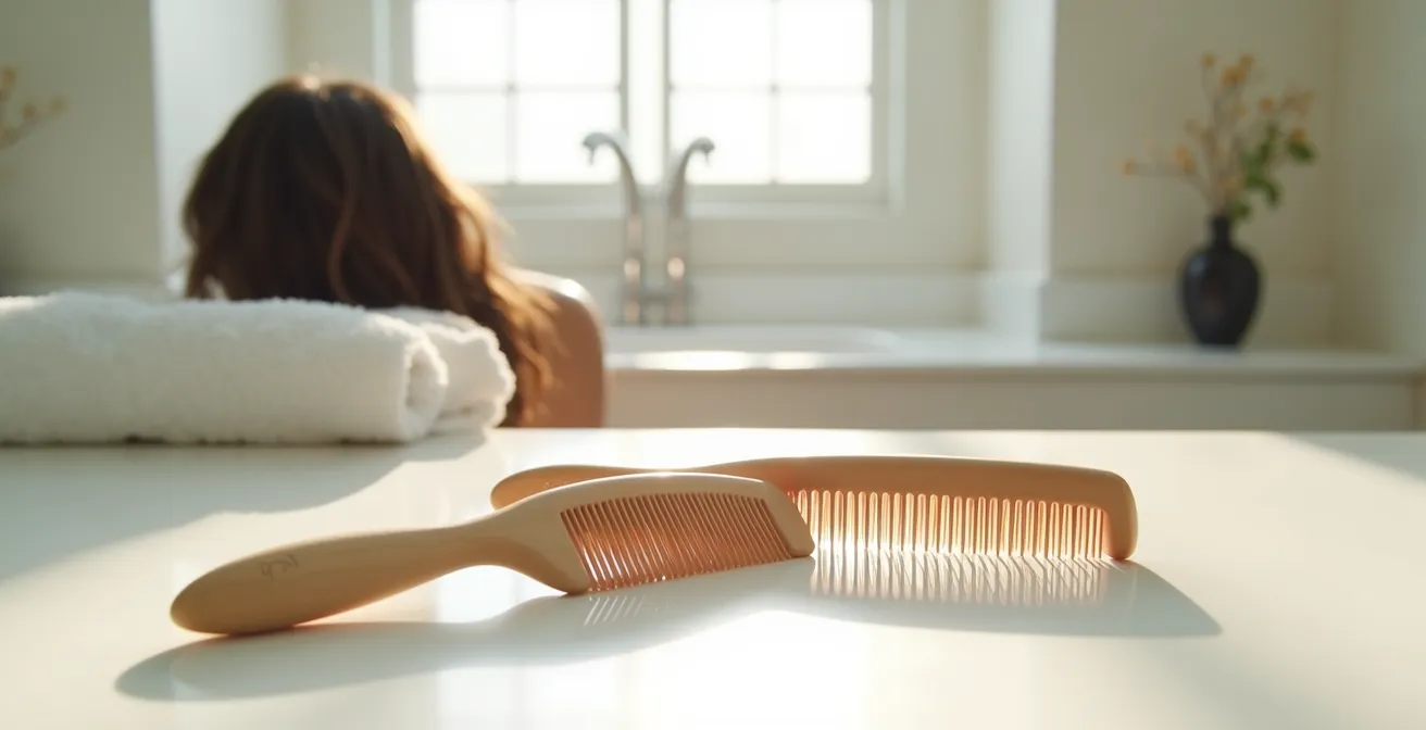 Comparaison entre un peigne à dents larges et une brosse sur cheveux mouillés