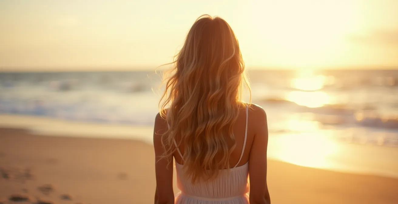 Cheveux longs ondulés au soleil sur fond de plage floue avec effet lumineux naturel