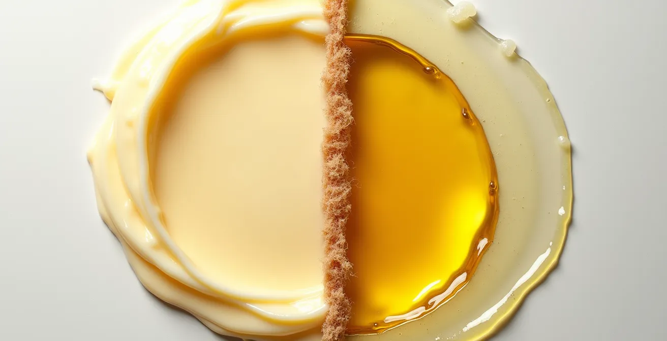 Composition visuelle montrant la texture crémeuse du beurre de karité et la fluidité de l'huile de jojoba sur des mèches de cheveux