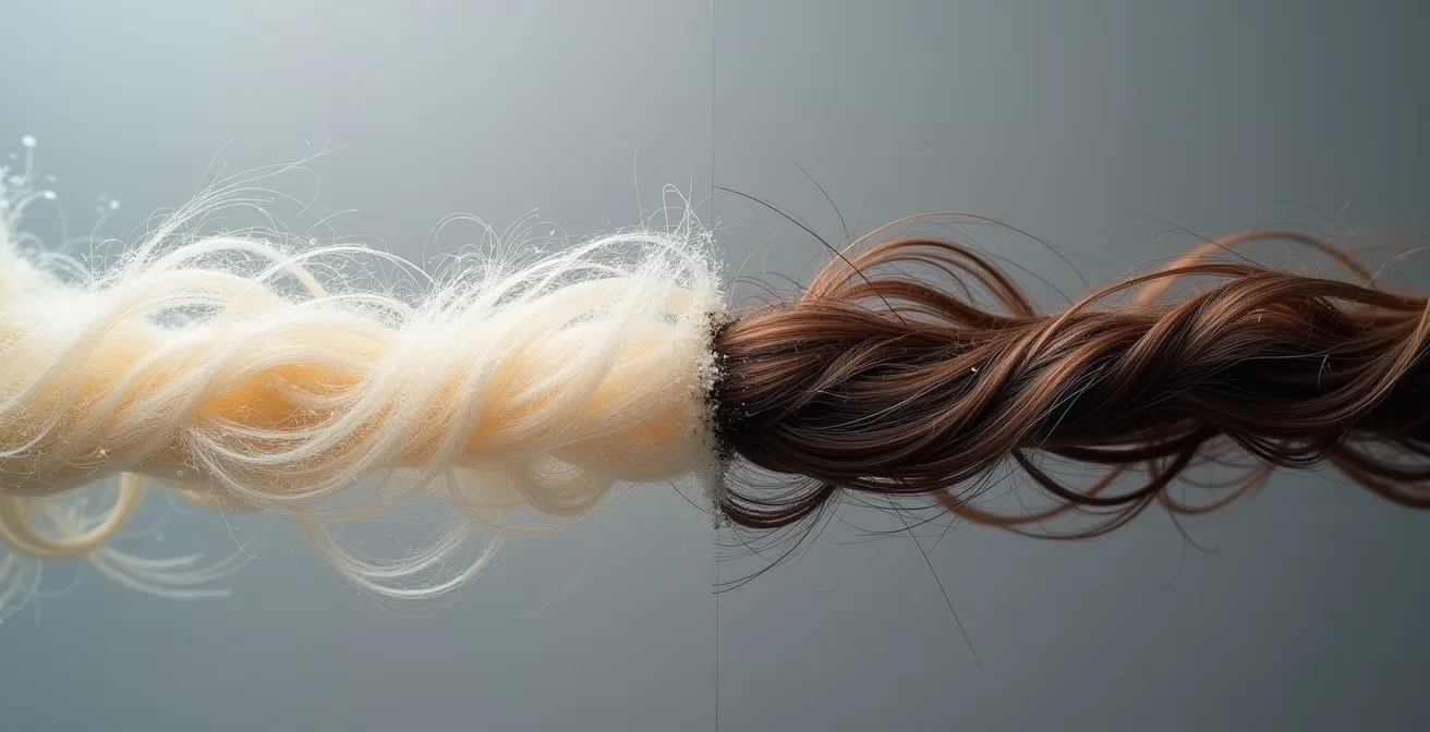 Comparaison visuelle entre cheveux décolorés et cheveux abîmés par brossage violent