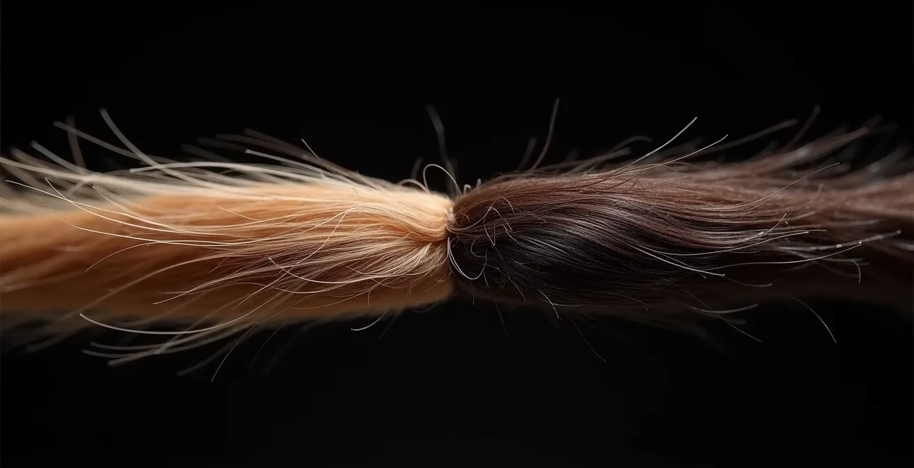 Gros plan macro sur deux mèches de cheveux : une brillante et lisse, l'autre abîmée et cassante