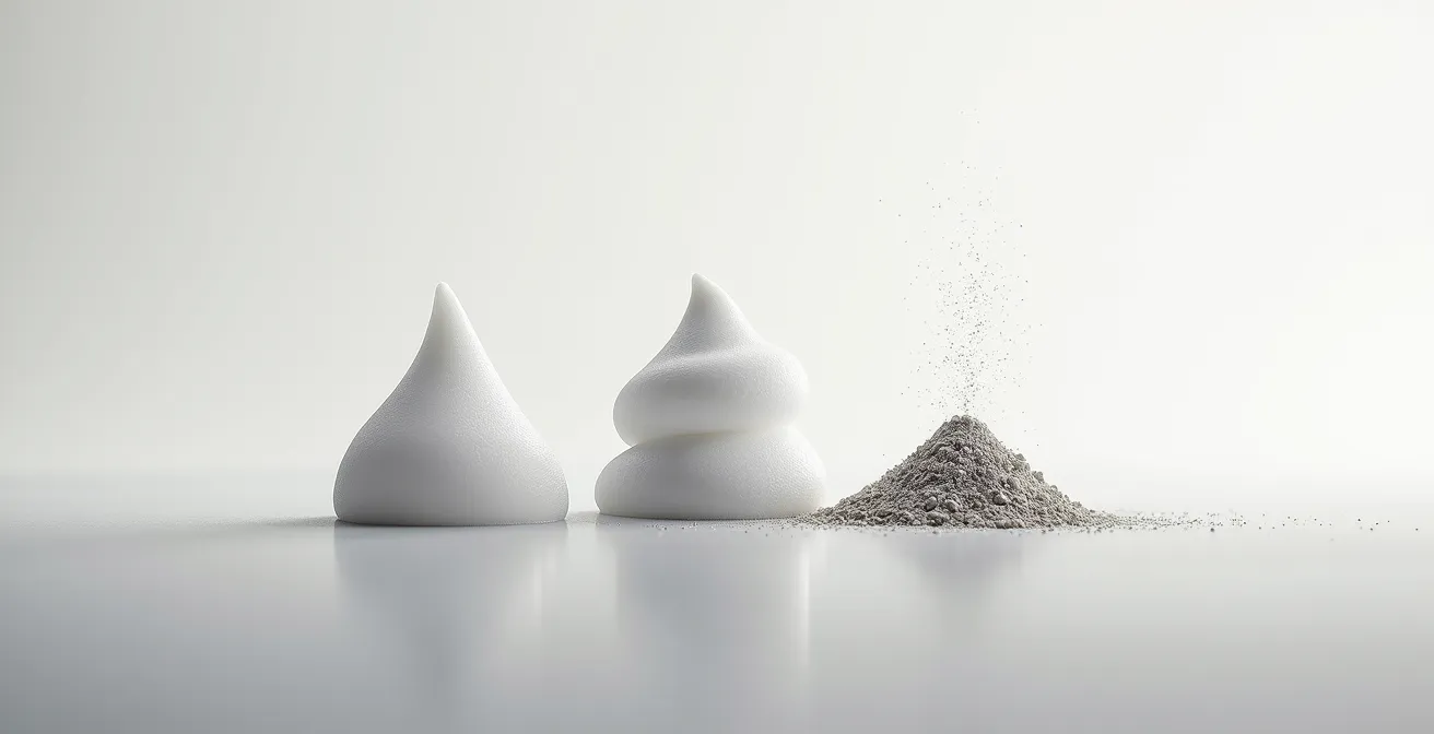 Différentes textures de produits volumisants disposées élégamment sur une surface neutre