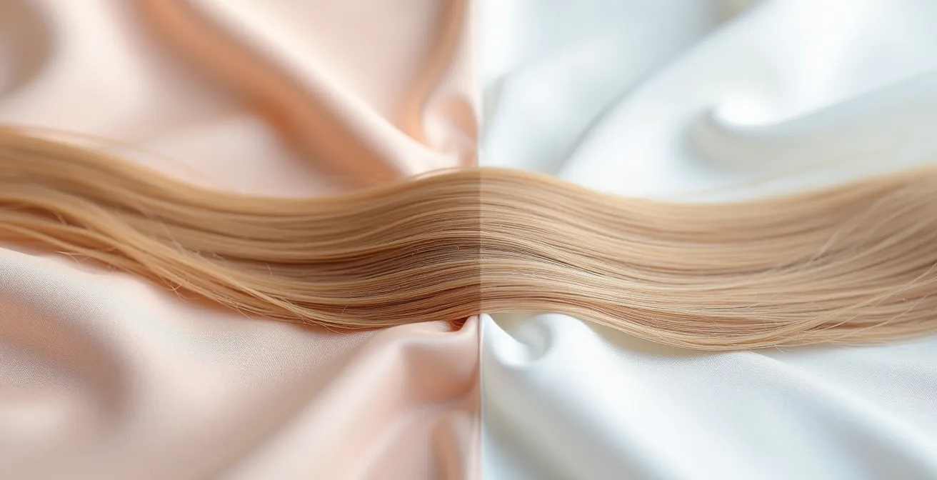Comparaison visuelle entre une taie en soie et une taie en coton avec des cheveux lisses