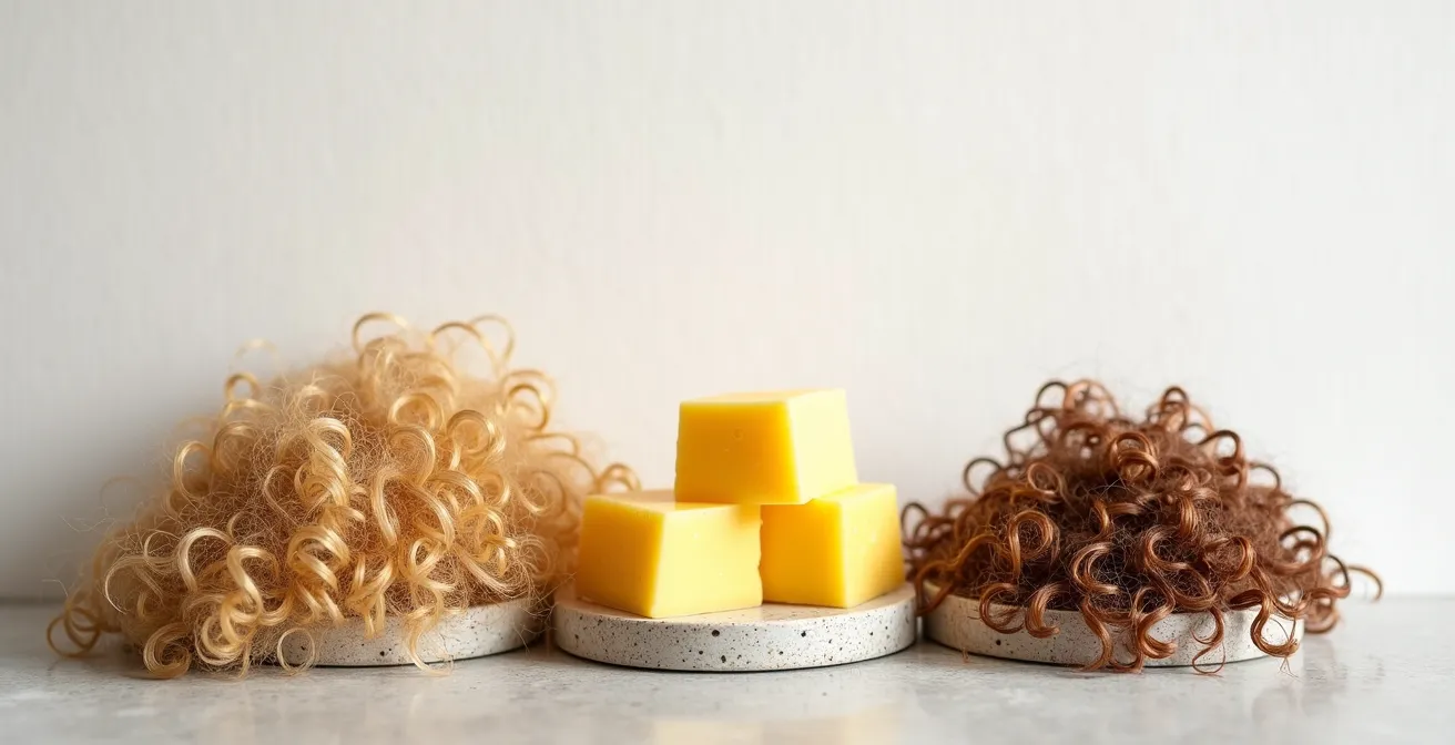 Comparaison visuelle de trois textures de beurres végétaux sur cheveux fins et bouclés