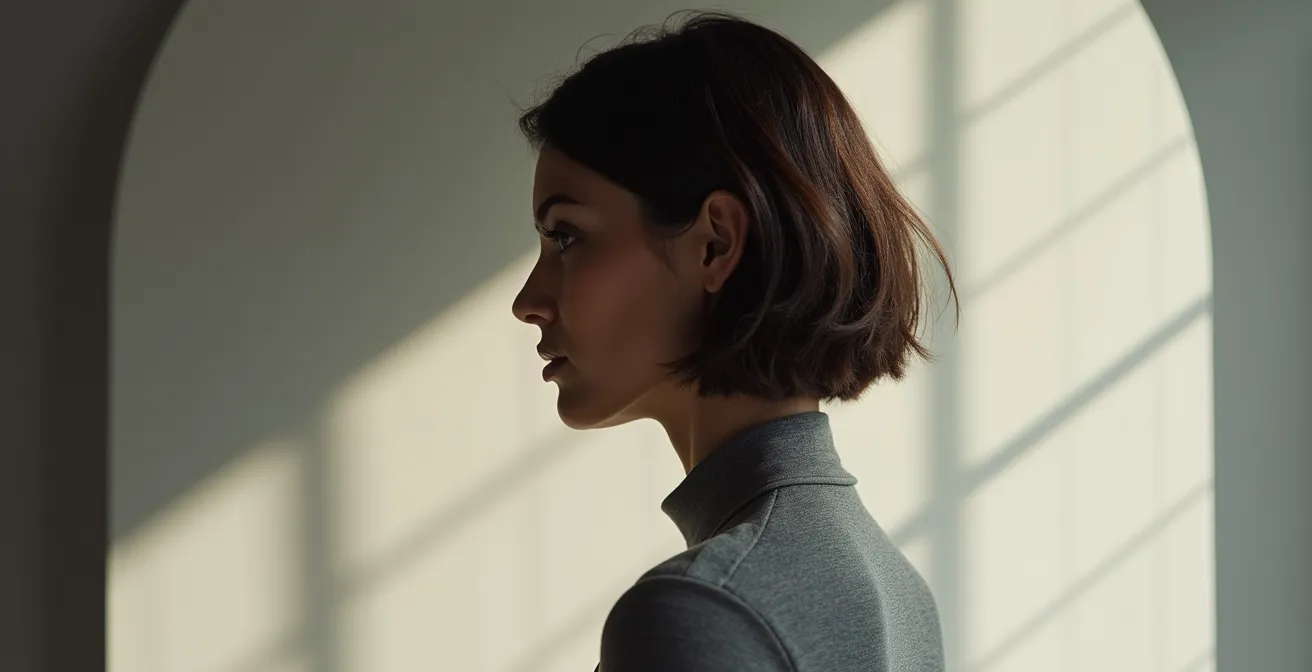 Femme athlétique avec une coupe carré plongeant qui adoucit ses épaules