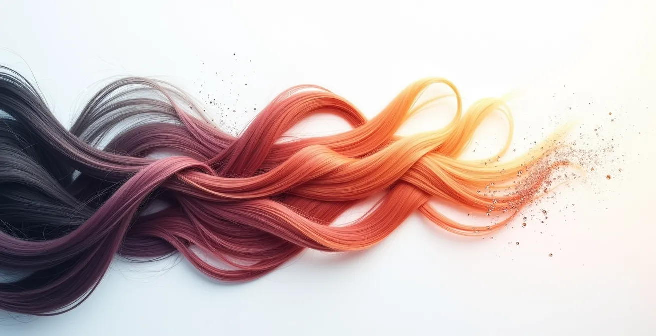 Schéma en coupe d'un cheveu montrant les cuticules ouvertes laissant échapper les pigments