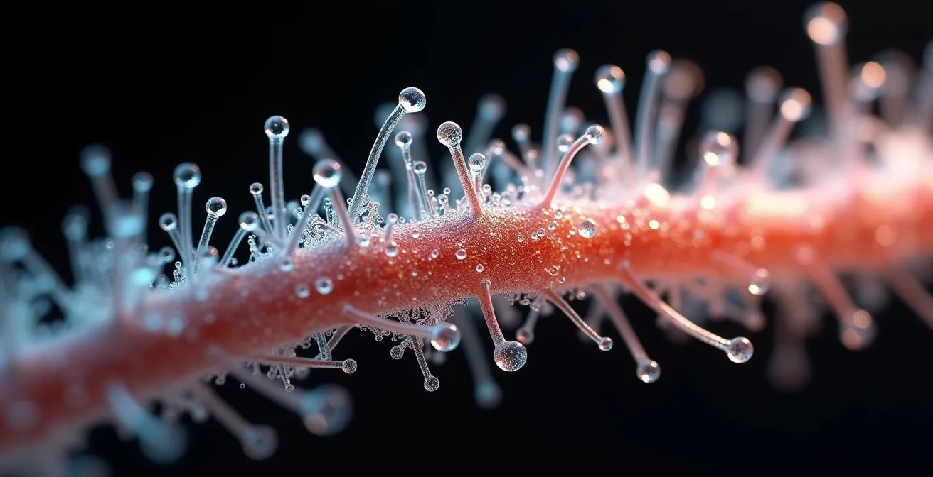 Vue microscopique d'une fibre capillaire avec accumulation de résidus