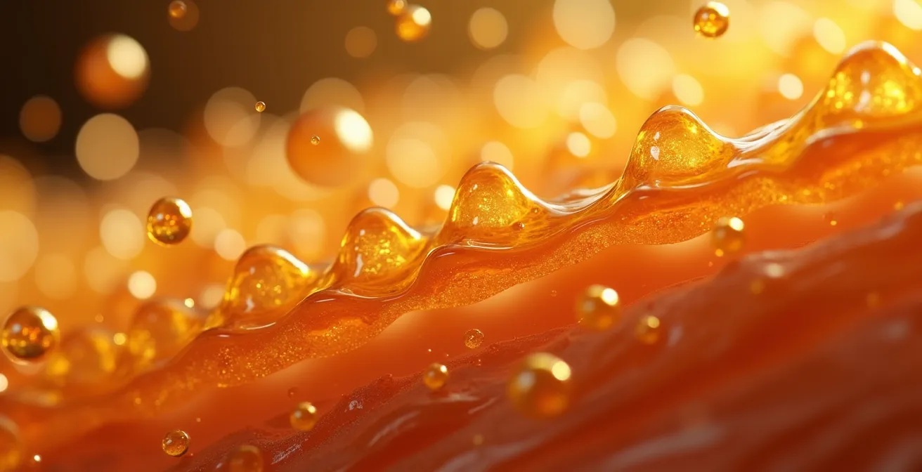 Vue macro d'une cuticule de cheveu s'ouvrant sous l'effet de la chaleur pour laisser entrer les molécules de soin