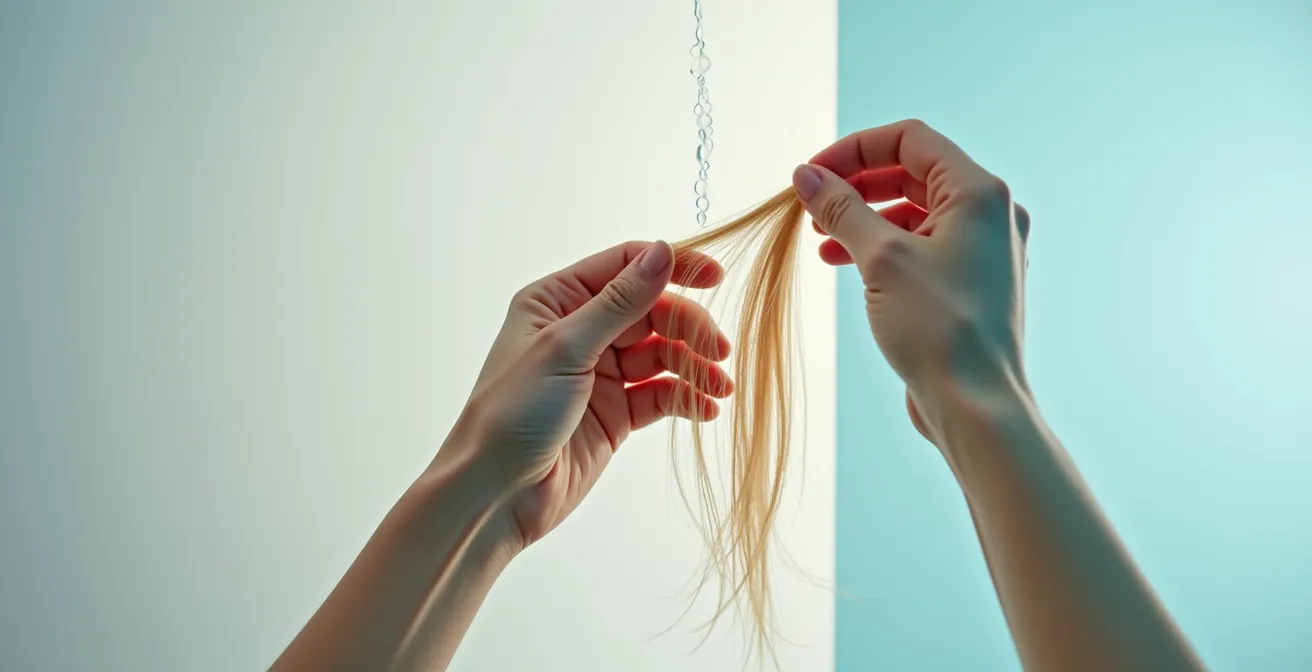 Mains effectuant un test d'élasticité sur une mèche de cheveux blonds