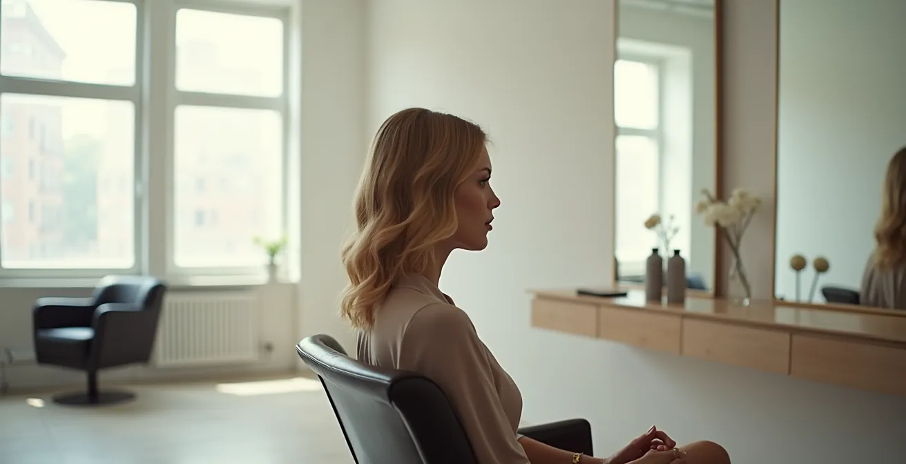 Composition montrant la transformation capillaire d'une professionnelle, passant d'une coupe démodée à un style moderne et structuré