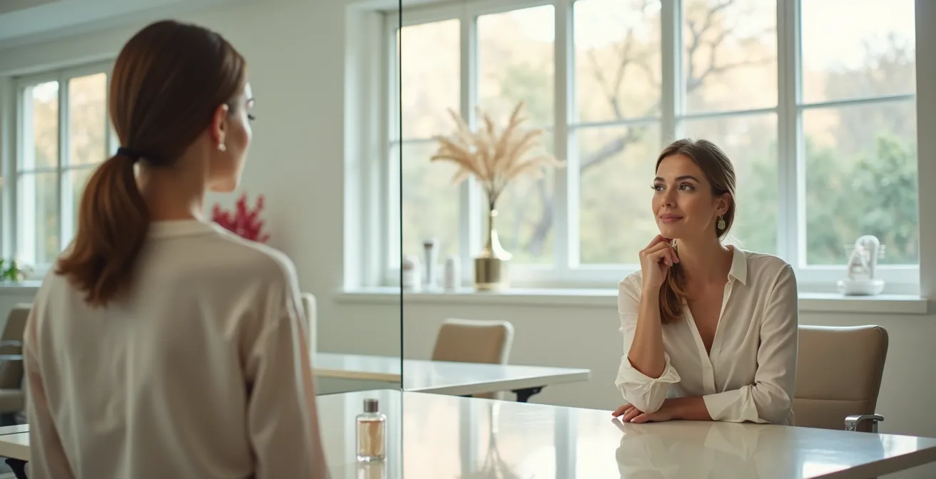 Femme contemplant son reflet dans un miroir de salon de coiffure, environnement minimaliste et lumineux