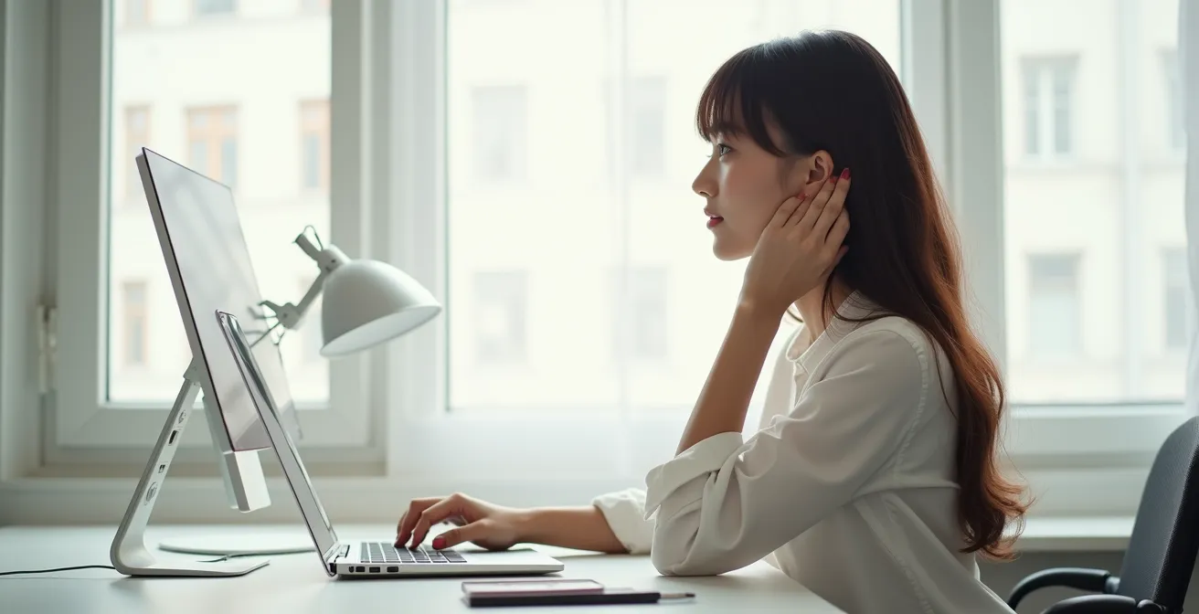 Profil d'une femme attachant sa frange rideau longue derrière l'oreille