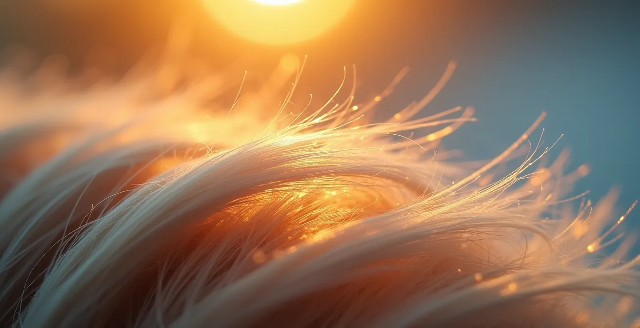 Portrait macro détaillé montrant les reflets changeants d'une chevelure sous différentes lumières naturelles