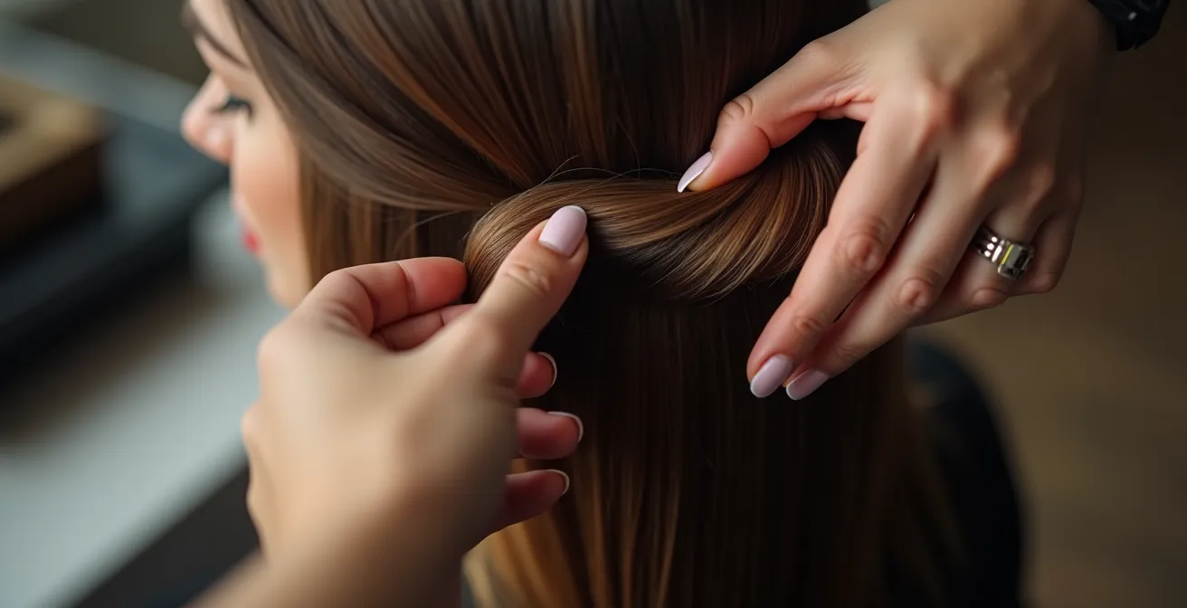 Main vérifiant la température d'une mèche de cheveux après brushing